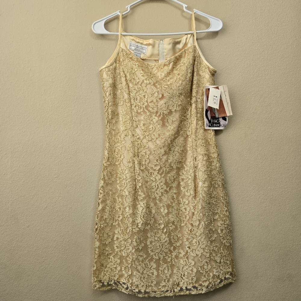 Jessica McClintock GUNNE SAX Vintage 90s Y2K Gold Lace Mini Dress‎ Party S NWT